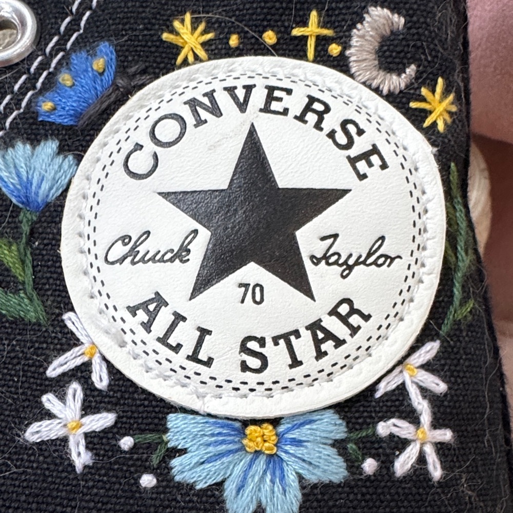 Custom embroidered Converse Black Floral women’s  High-Tops worn once - Picture 2 of 5
